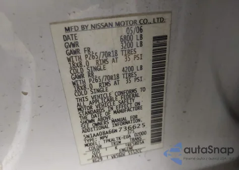 2006 Nissan Armada Se from USA, damaged, VIN 5N1AA08A66N736625